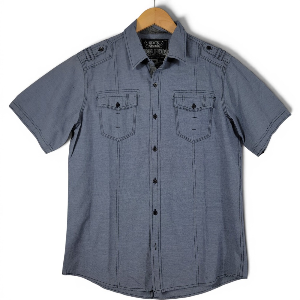Broken Threads Button Up Mens Large Blue Short Sleeve Epaulettes Contrast Stitch